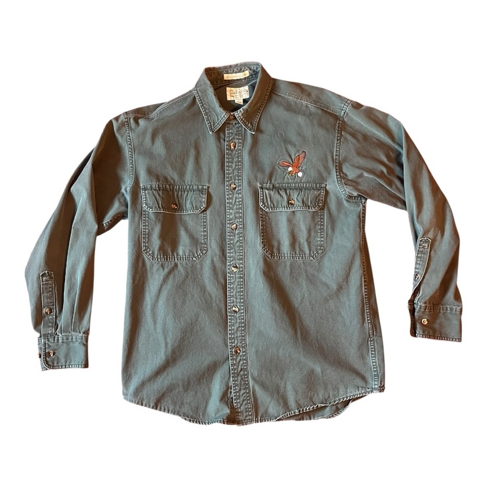 Cabela's Mens Medium Stonewash Canvas Long Sleeve Button Up Shirt Eagle Cotton